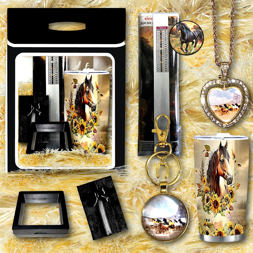 Horse gifts, sunflower design, tumbler, keychain, heart pendant, KCM Gifts4You.