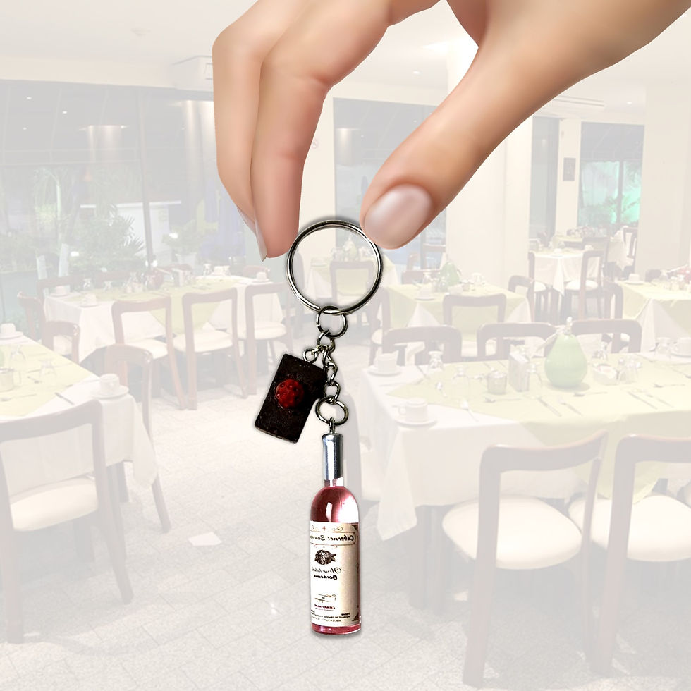 Thumbnail: Hand holding a miniature wine bottle keychain with a restaurant background.