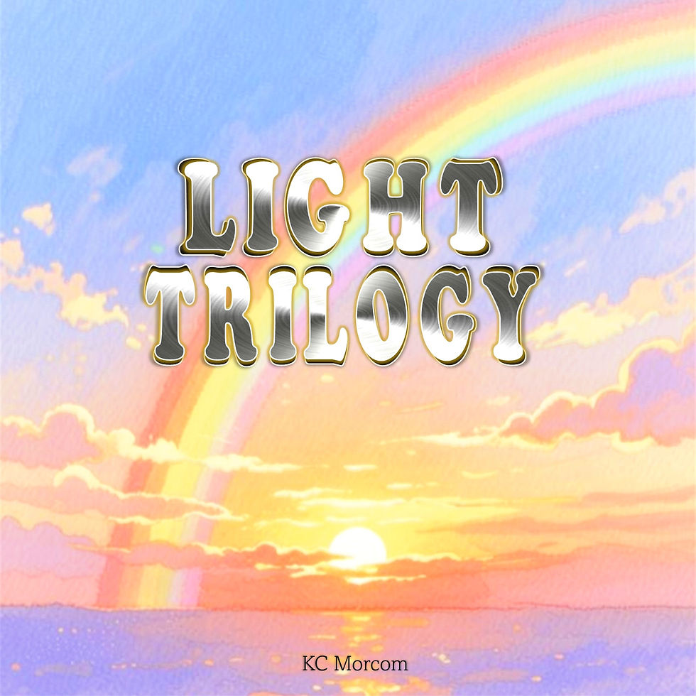 Thumbnail: Single track cover with image of sunset and rainbow and silver text