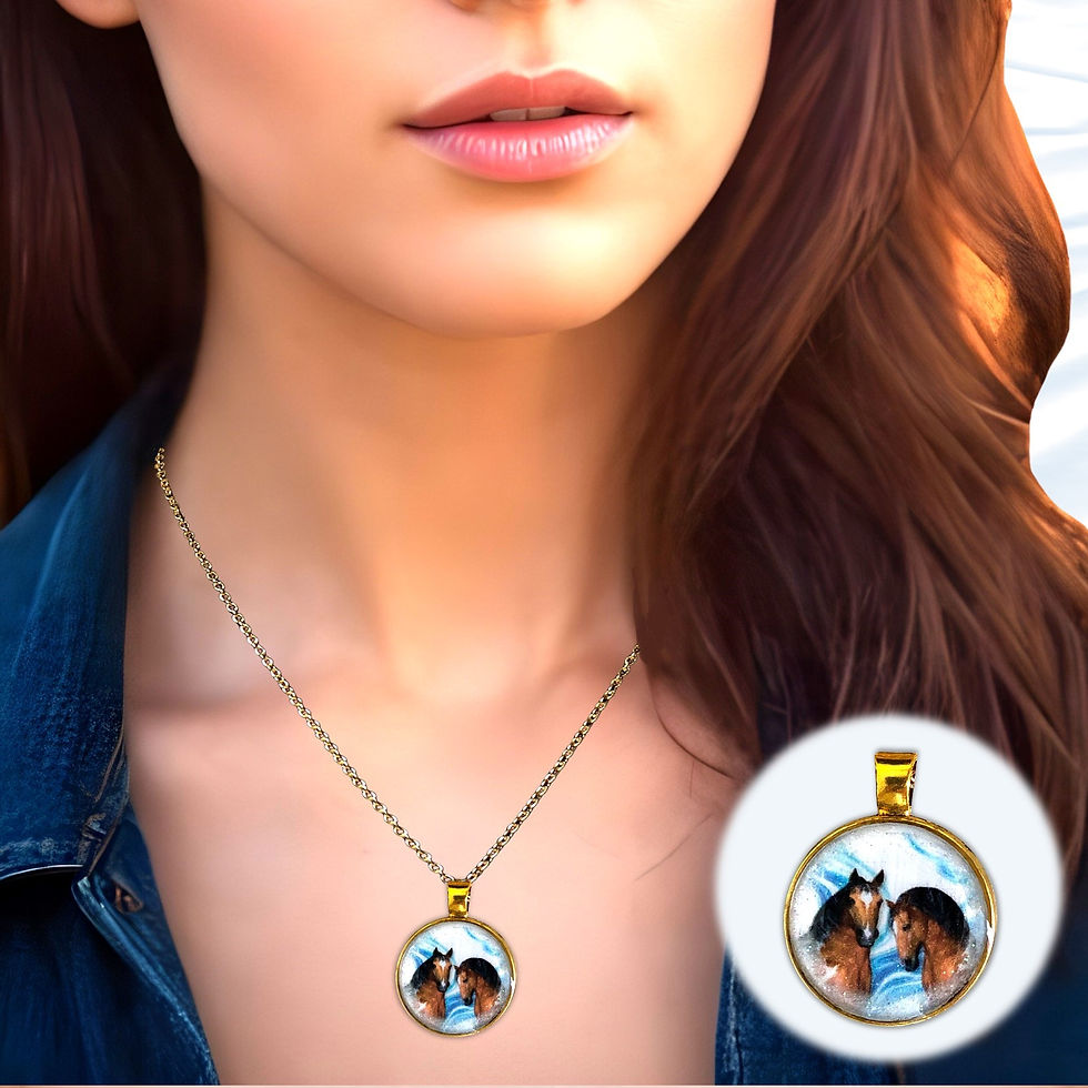 Thumbnail: Woman wearing Seaside Waterdrop Resin Pendant Necklace featuring a horse design, KCM Gifts4You.