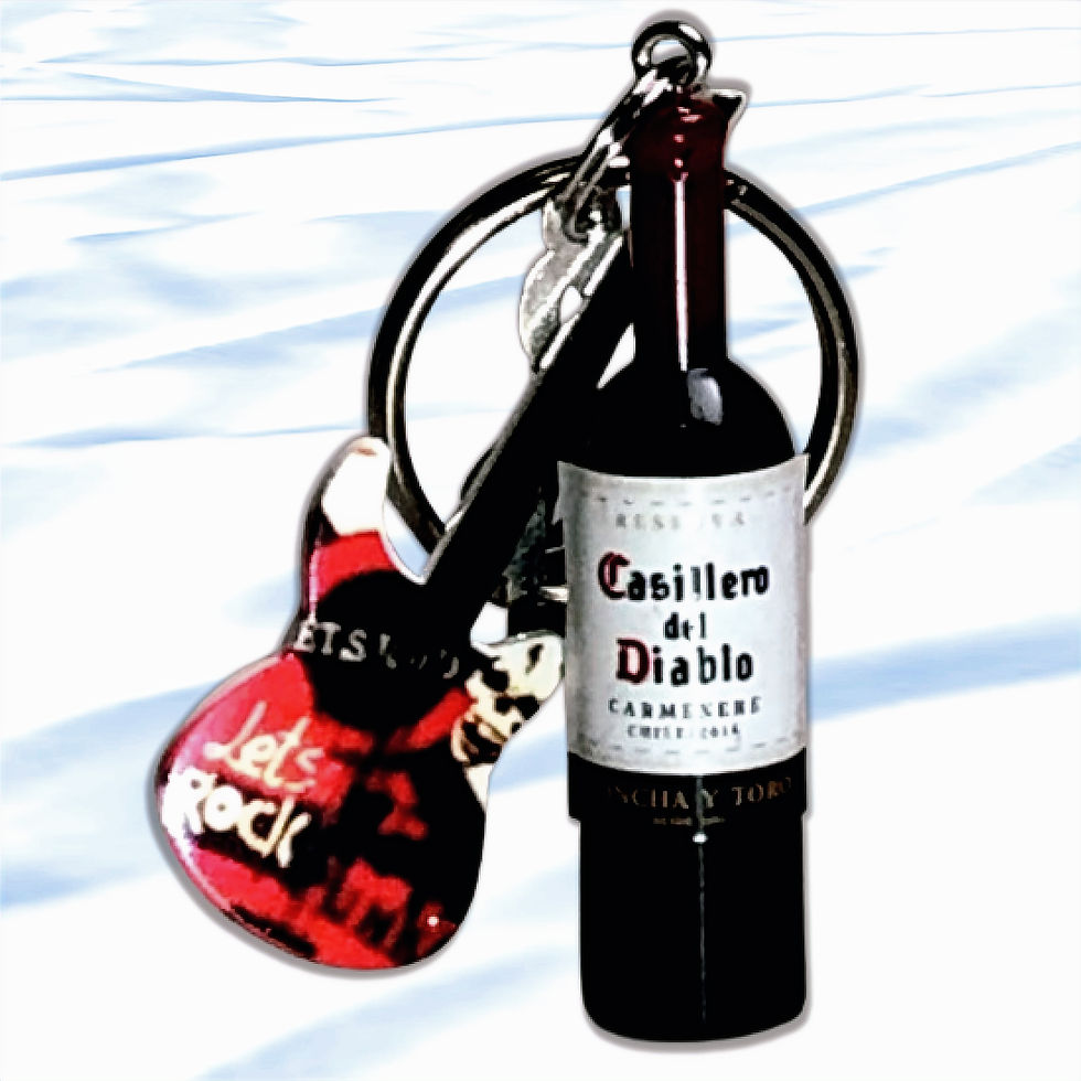 Electric guitar and resin bottom wine charms on silver keyring