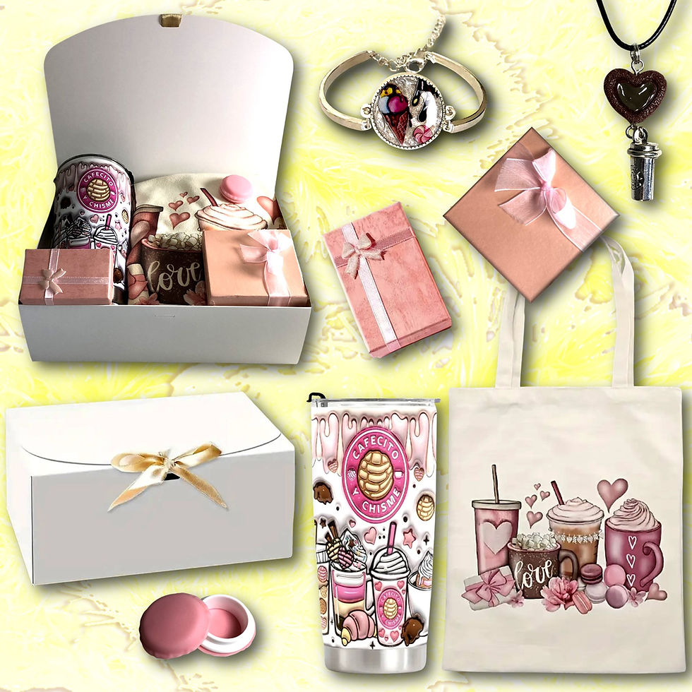 Various gifts and accessories, including boxes, jewelry, and tumbler, KCM Gifts4You.
