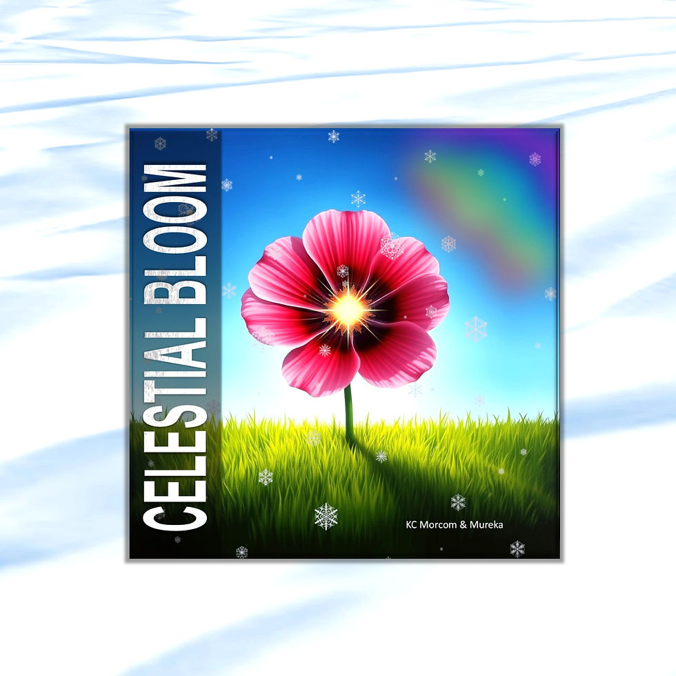 Celestial Bloom text with pink flower, grass, blue sky, snowflakes and rainbow