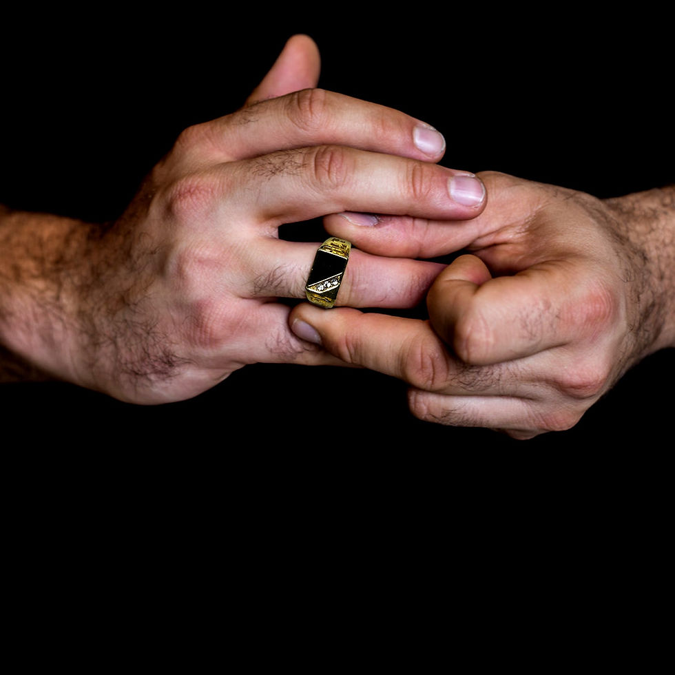 Thumbnail: Hands clasped together with a gold ring on a finger, black background KCM Gifts4You