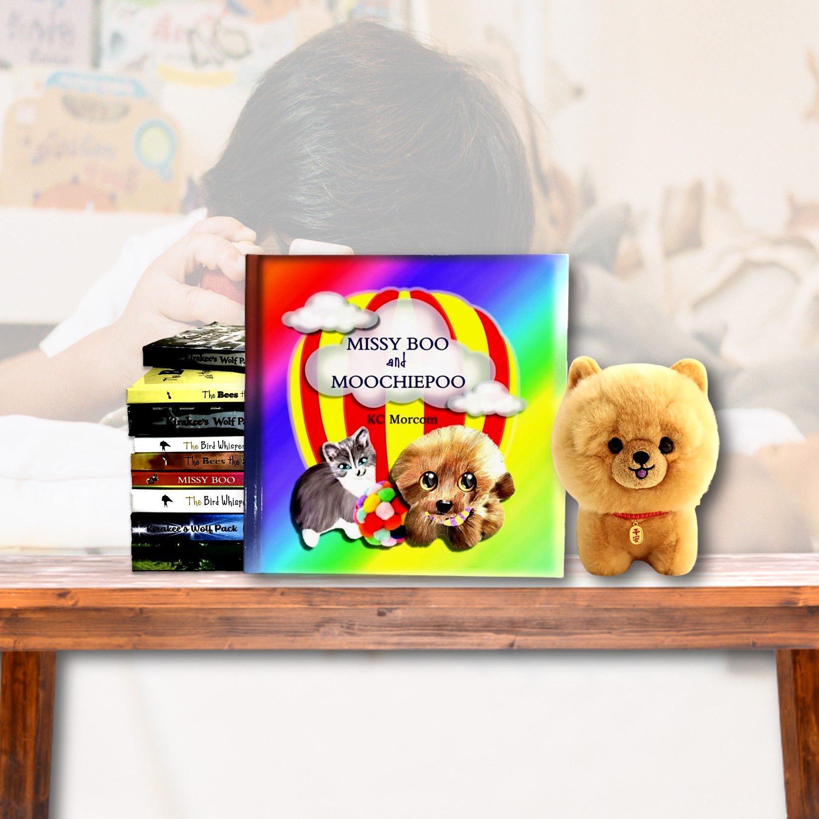 Children's book cover with Missy Boo and Moochiepoo, rainbow background, fluffy teddy bear.