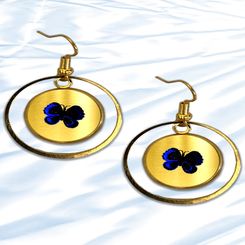 Gold rimmed earrings with a blue flower design, shiny and decorative KCM Gifts4You