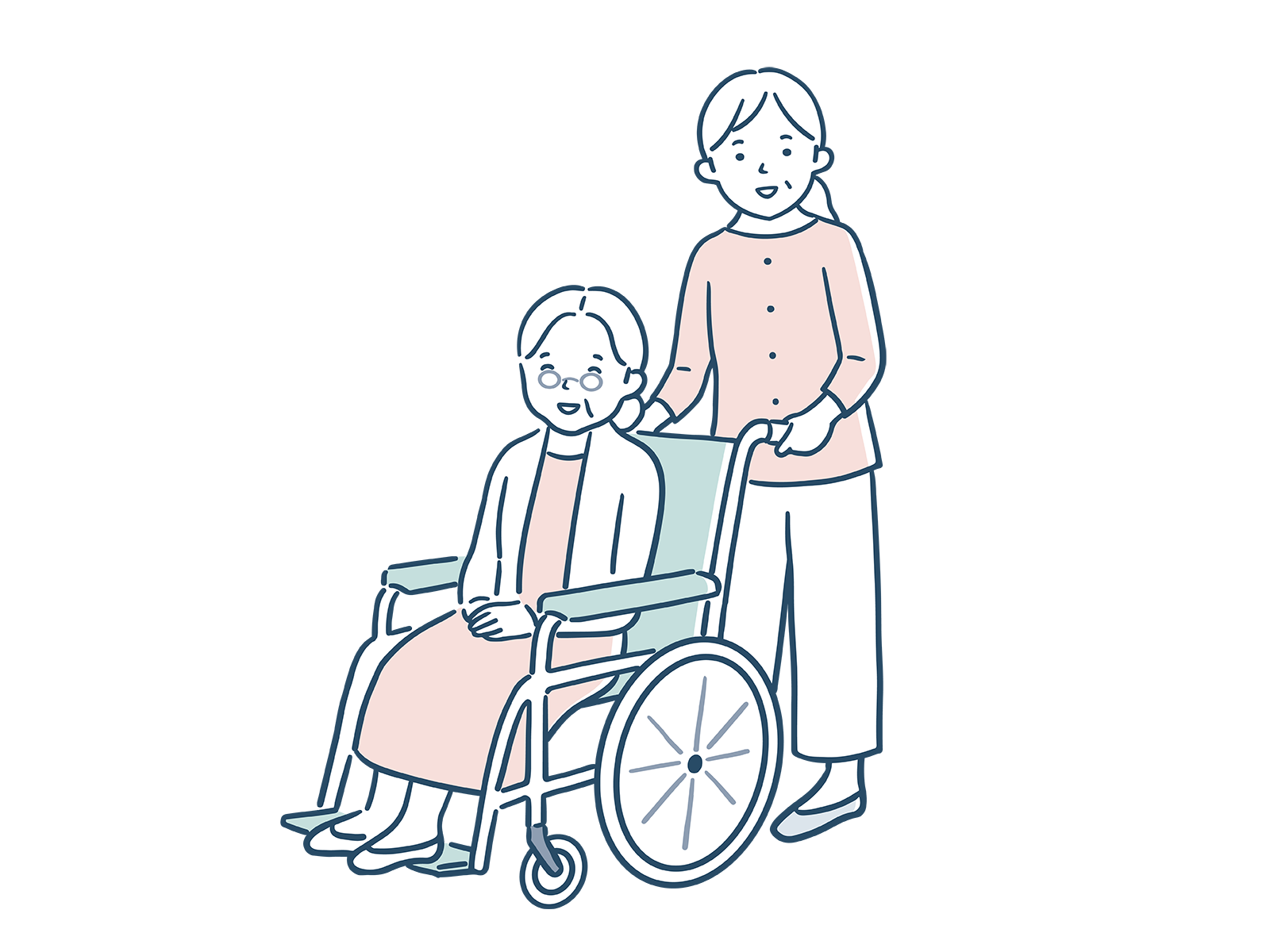 車椅子に乗る高齢者と介助する女性