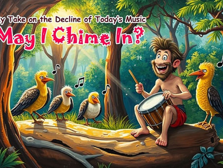 An ancient caveman plays drum on a log with singing birds, surrounded by a lush forest. Text: "My Take on the Decline of Today's Music: May I Chime In?"