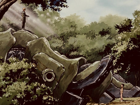 Bernie and Al stand on opposite sides of a Zaku in a forest in Space Colony Side 6. Sunlight filters through the trees, creating a tense mood.