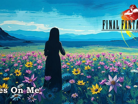 Silhouette of Rinoa in flower field with mountains, under blue sky. Text: "Eyes On Me" and "Final Fantasy VIII". Calm and serene mood.