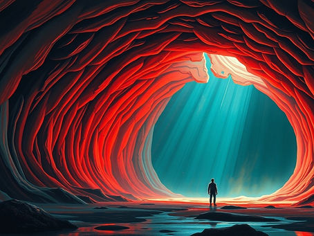 A desperate man trapped in the stomach of a whale. The scene is surreal and atmospheric, with scattered droplets and a mysterious glow.