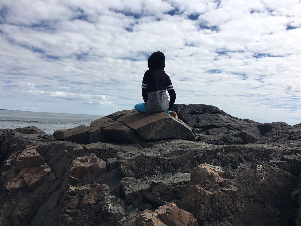 Child sits on rocky ocean shoreline looking out at ocean, wearing a hoodie and facing away.