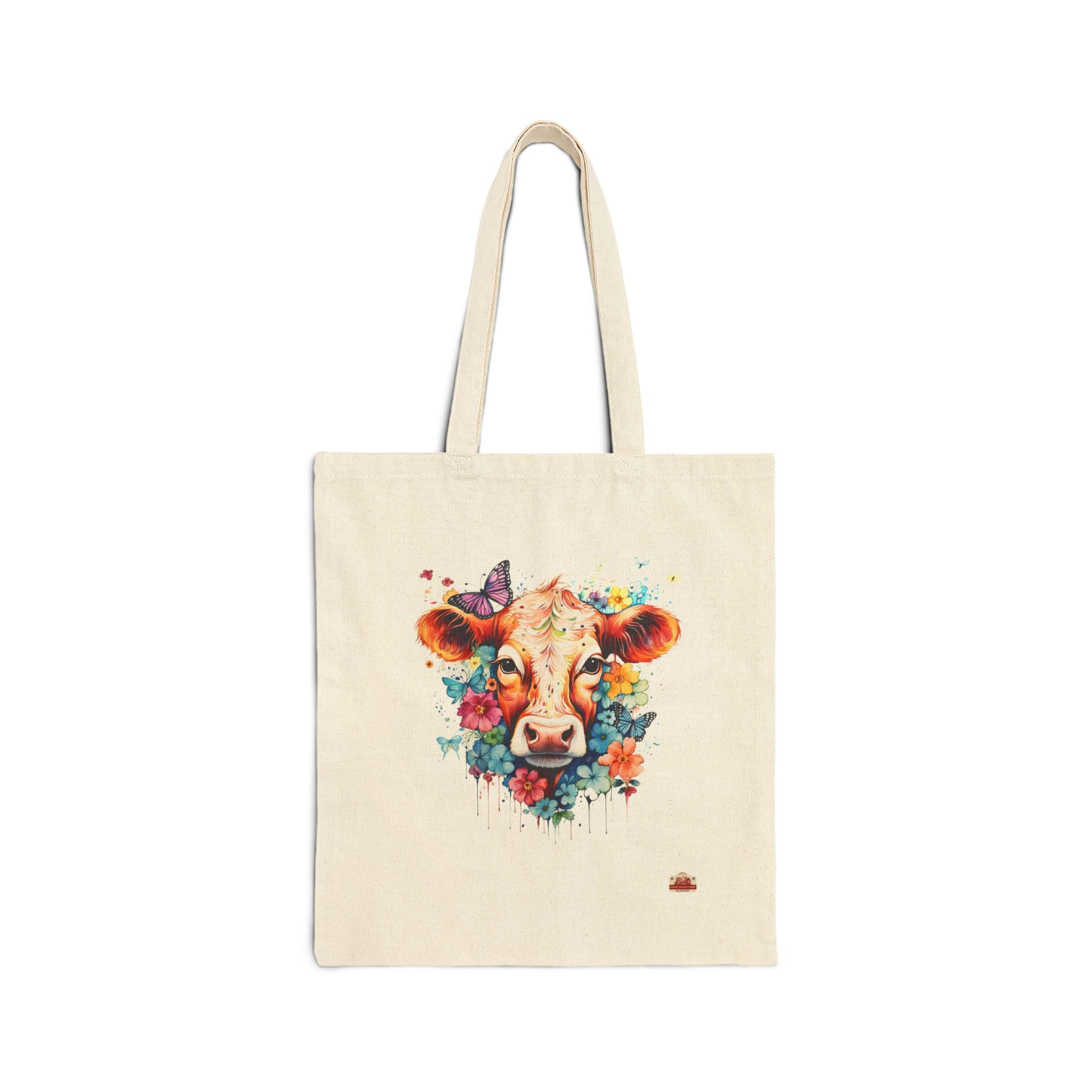 COLORFUL FLORAL COW Cotton Canvas Tote Bag 