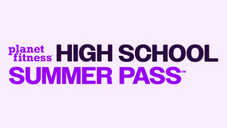 Planet Fitness High School Summer Pass logo in purple on a pale pink background with bold promotional text