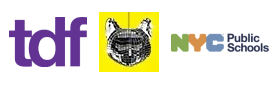 tdf logo, yellow square with black tiger emblem, and NYC Public Schools logo on a white background