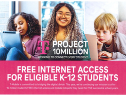 Smiling students use devices; text: "Project 10Million" and "Free Internet for K-12". Bright pink, white highlights. Mood: empowering.