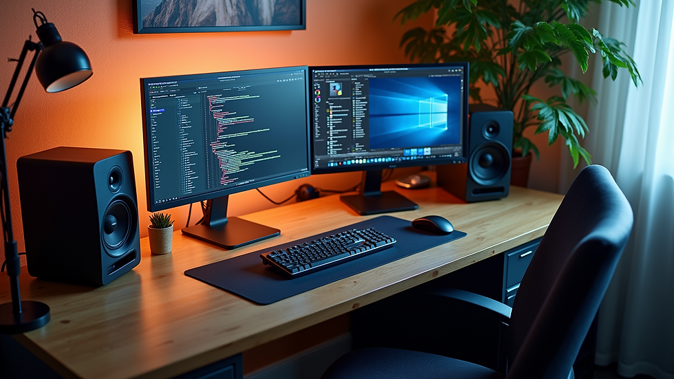 High angle view of a creative workstation with dual monitors and professional software