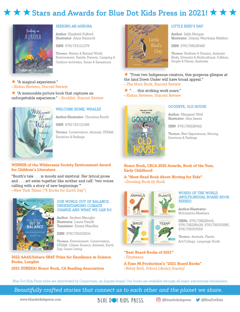 Image of a one-page document shows the following book covers accompanied by text providing their ISBN numbers, names of creators, and book themes: Seeking an Aurora, Little Bird's Day, Welcome Home Whales, Goodbye Old House, Our World Out of Balance, and the Multilingual Board Book Series. Under each book section is one or two starred reviews or featured awards. All reviews and awards can be found on this website's individual book pages.