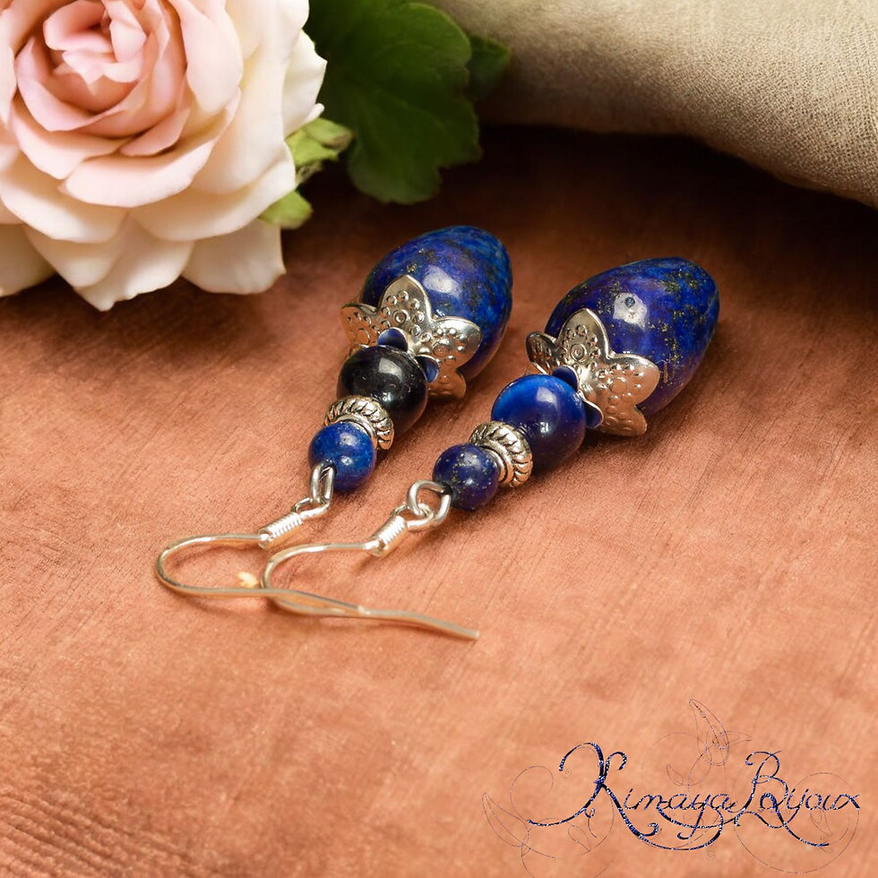 Boucles d'oreilles artisanales lapis lazuli oeil de faucon crochets argent 925