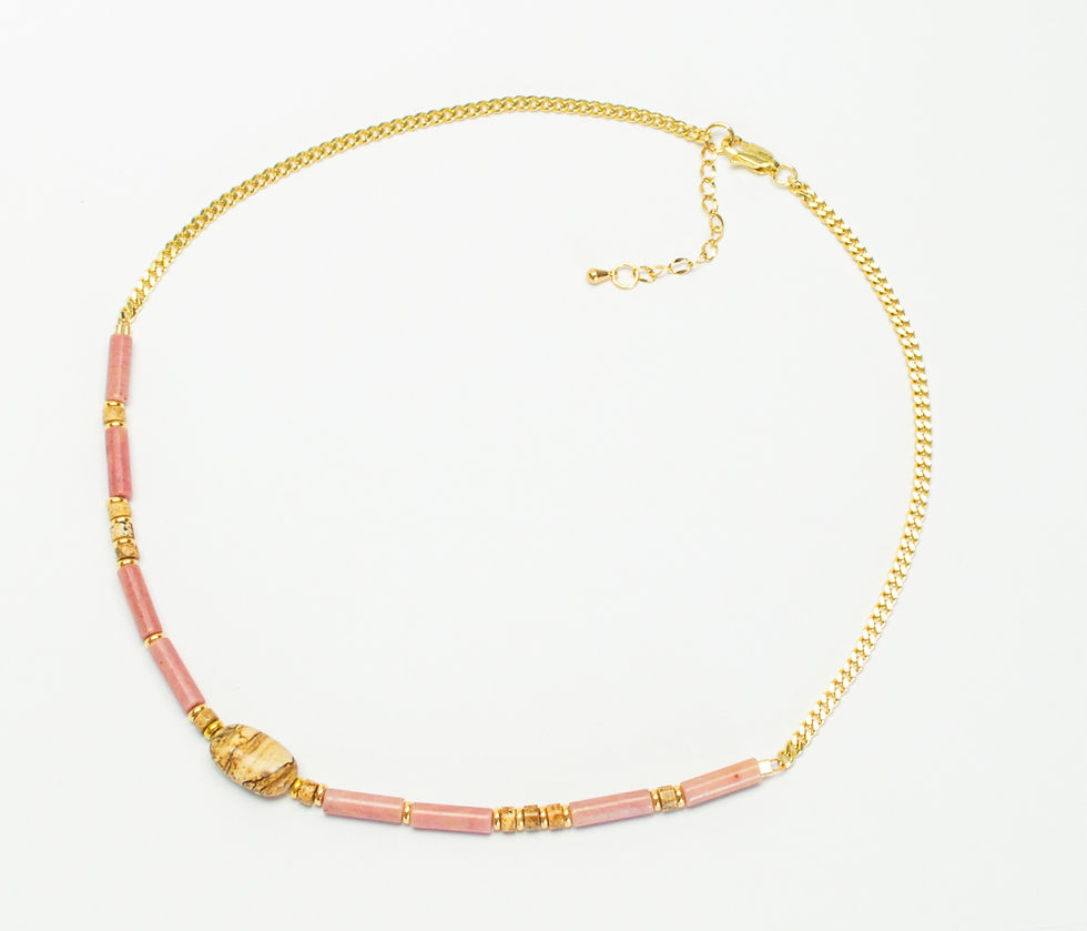 Miniature : Collier artisanal rhodonite et jaspe paysage naturels chaîne gourmette plaqué or