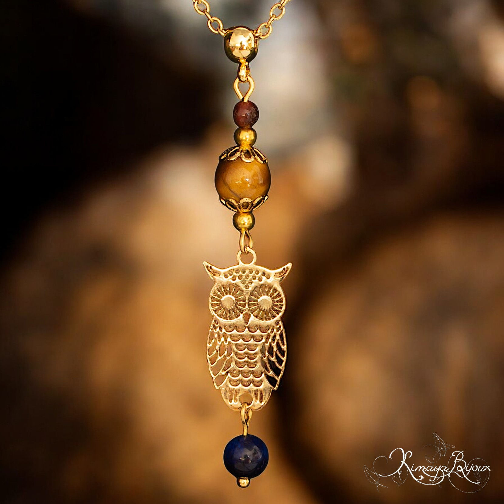 Collier artisanal oeil de tigre, taureau et faucon et chouette triple protection