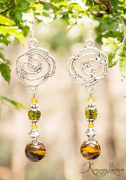 Miniature : Boucles d'oreilles  artisanales Oeil de tigre, citrine