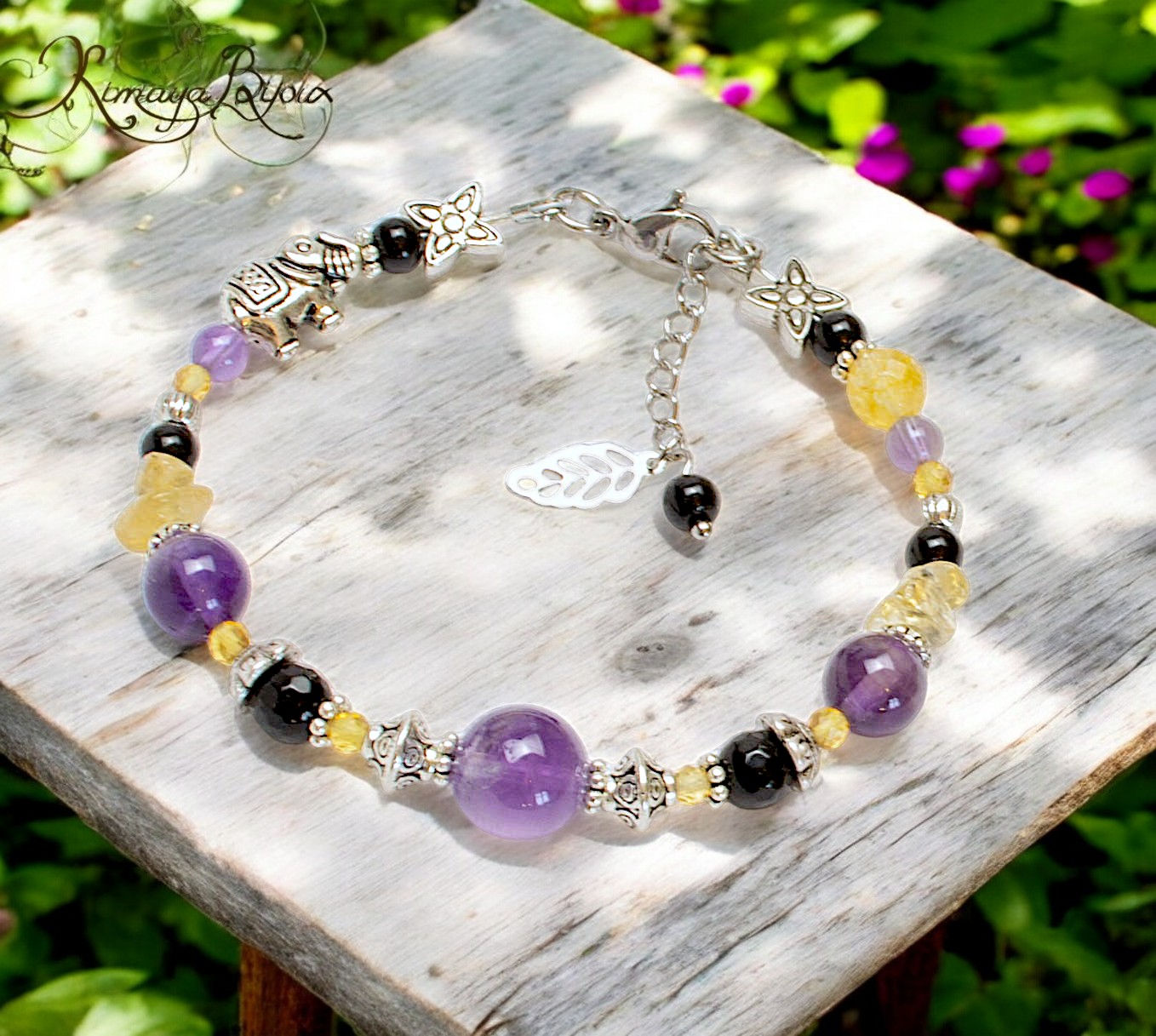 Bracelet artisanal améthystes, citrines et agates noires