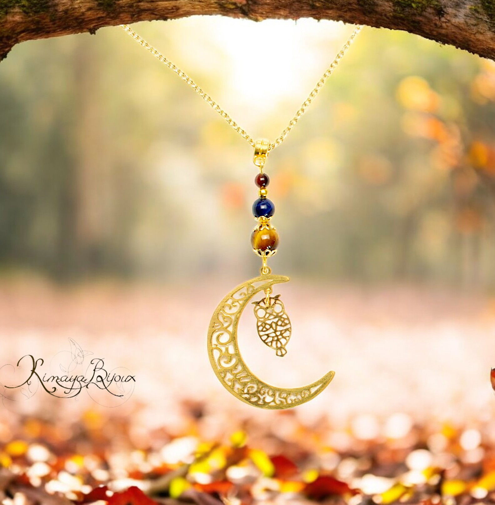 Collier artisanal, 3 oeils triple protection , oeil de tigre, faucon et taureau