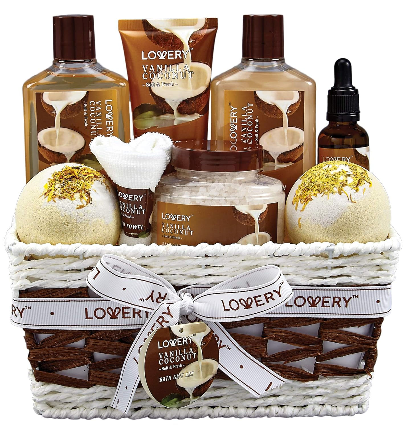 Bath and Body Gift Basket For Women and Men – 9 Piece Set of Vanilla Coconut Ho