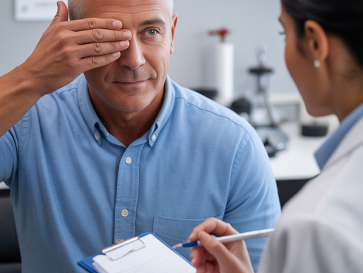 A man asked to place one hand over his eye in readiness for a eyesgight test.