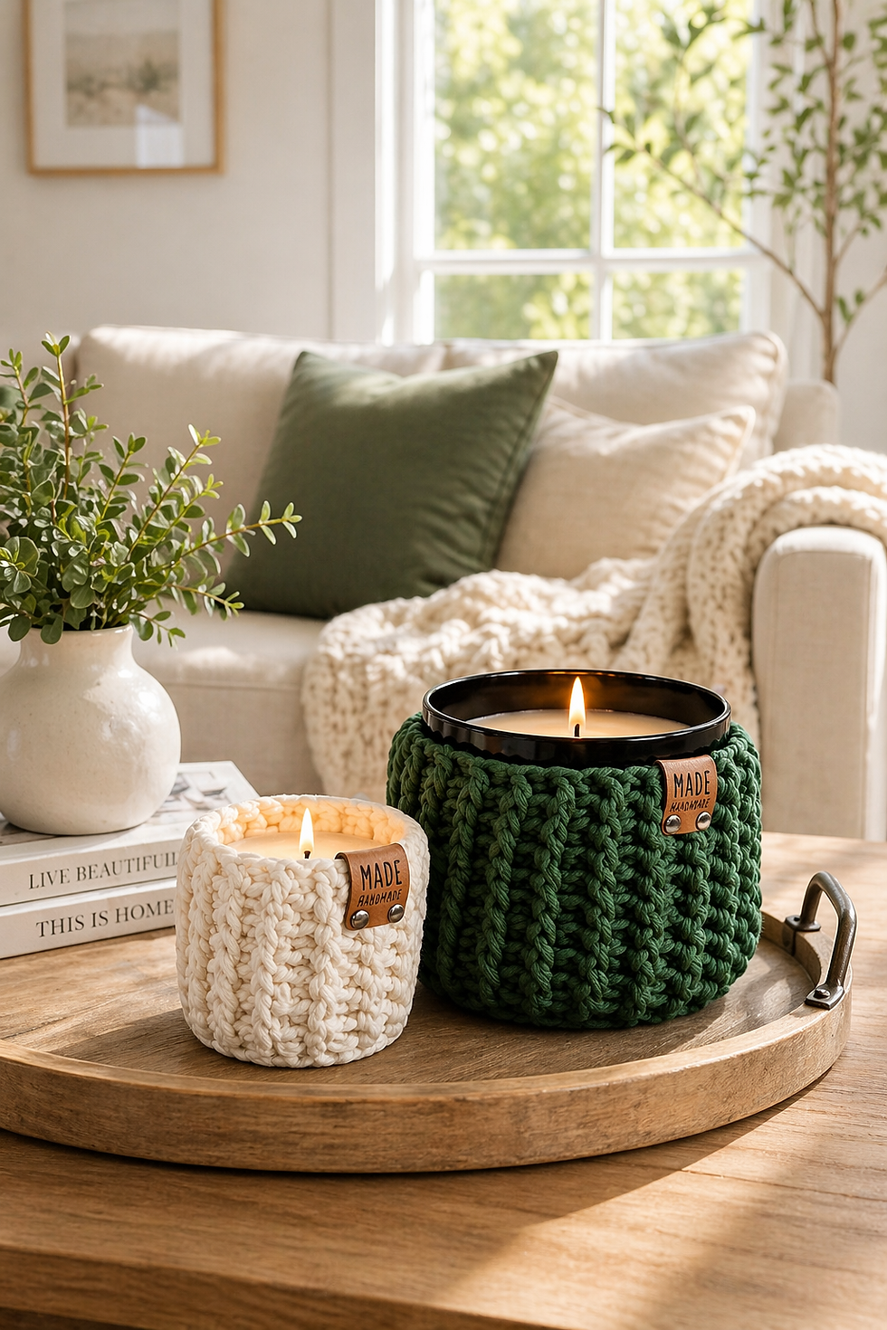 Cozy living room with green and white knit-covered candles on a wooden tray. A couch, green pillow, books, and plants create a serene mood.