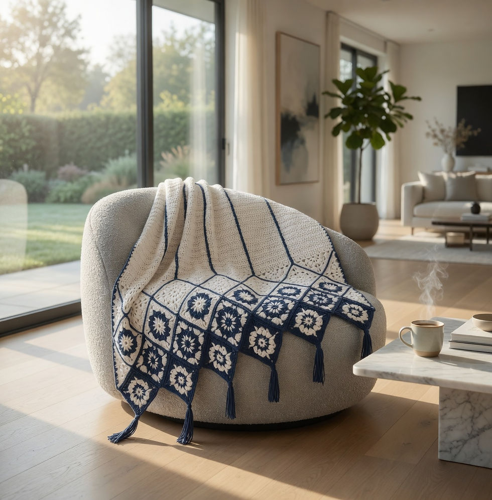 Cozy living room with a sunlit cream chair draped in a blue and white patterned blanket. A steaming cup is on the marble table nearby.