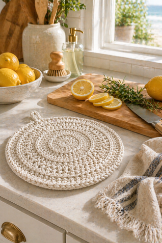 Cream coastal knot crochet washcloth styled on marble kitchen counter with lemons, candle, and wooden tray in soft natural light