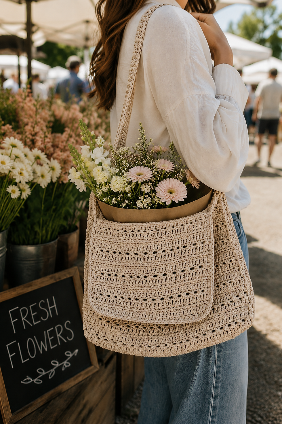 Handmade crochet tote bag carried at a farmers market flower stand with wrapped flowers inside.