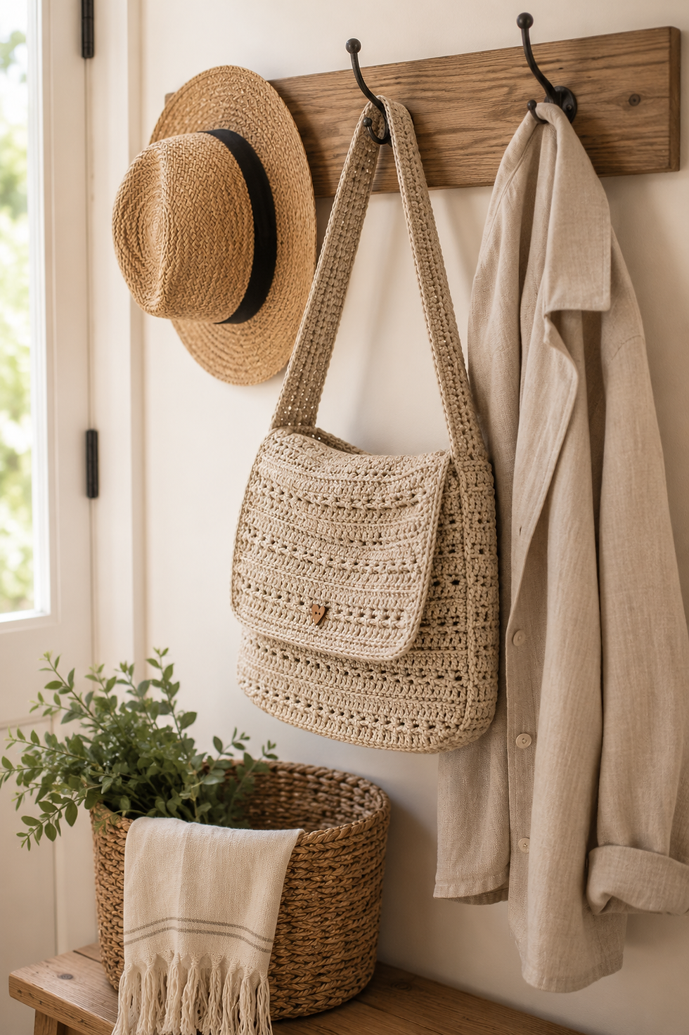 Handmade crochet tote bag hanging on an entryway hook beside a straw hat and linen jacket.