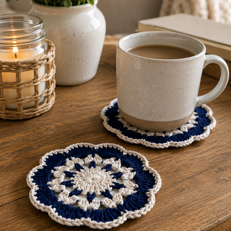 Handmade Seaside Lace Coasters styled on a wooden coffee table with cozy farmhouse decor