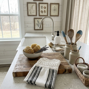 crochet kitchen towel folded on counter by sink in cozy farmhouse kitchen with white and blue cotton texture