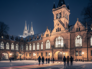 University of Cologne campus in Germany showing historic academic buildings, modern research facilities, and student life