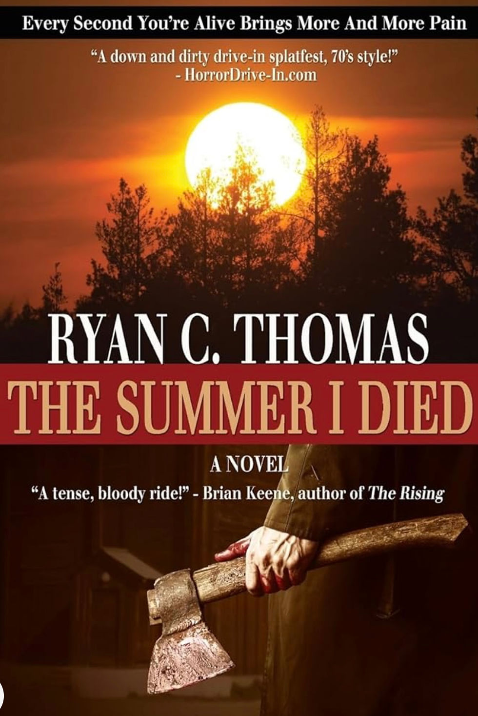 Book cover with a forest and a hand holding a bloody axe