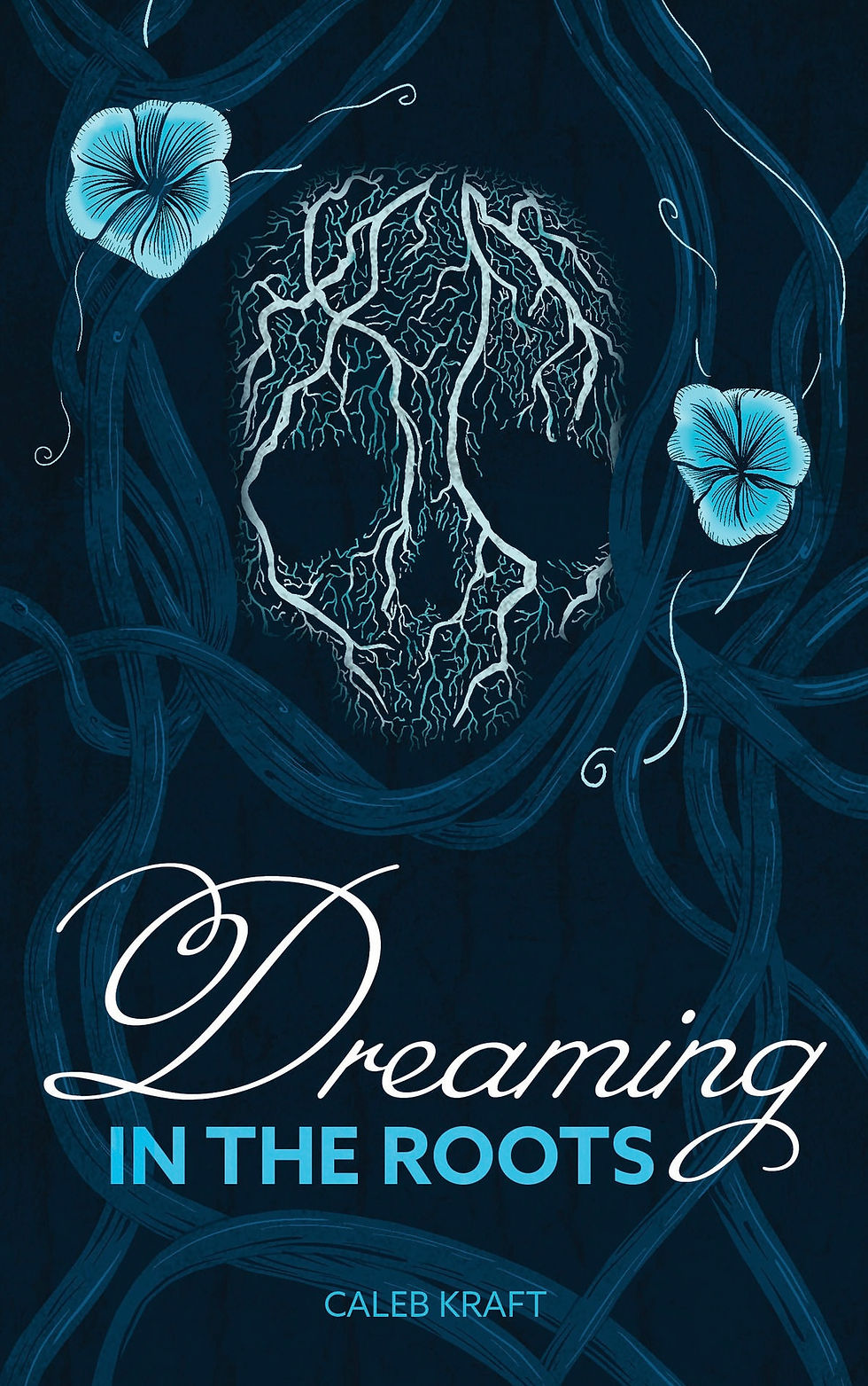 Blue cover with vines and flowers and a skull made of roots