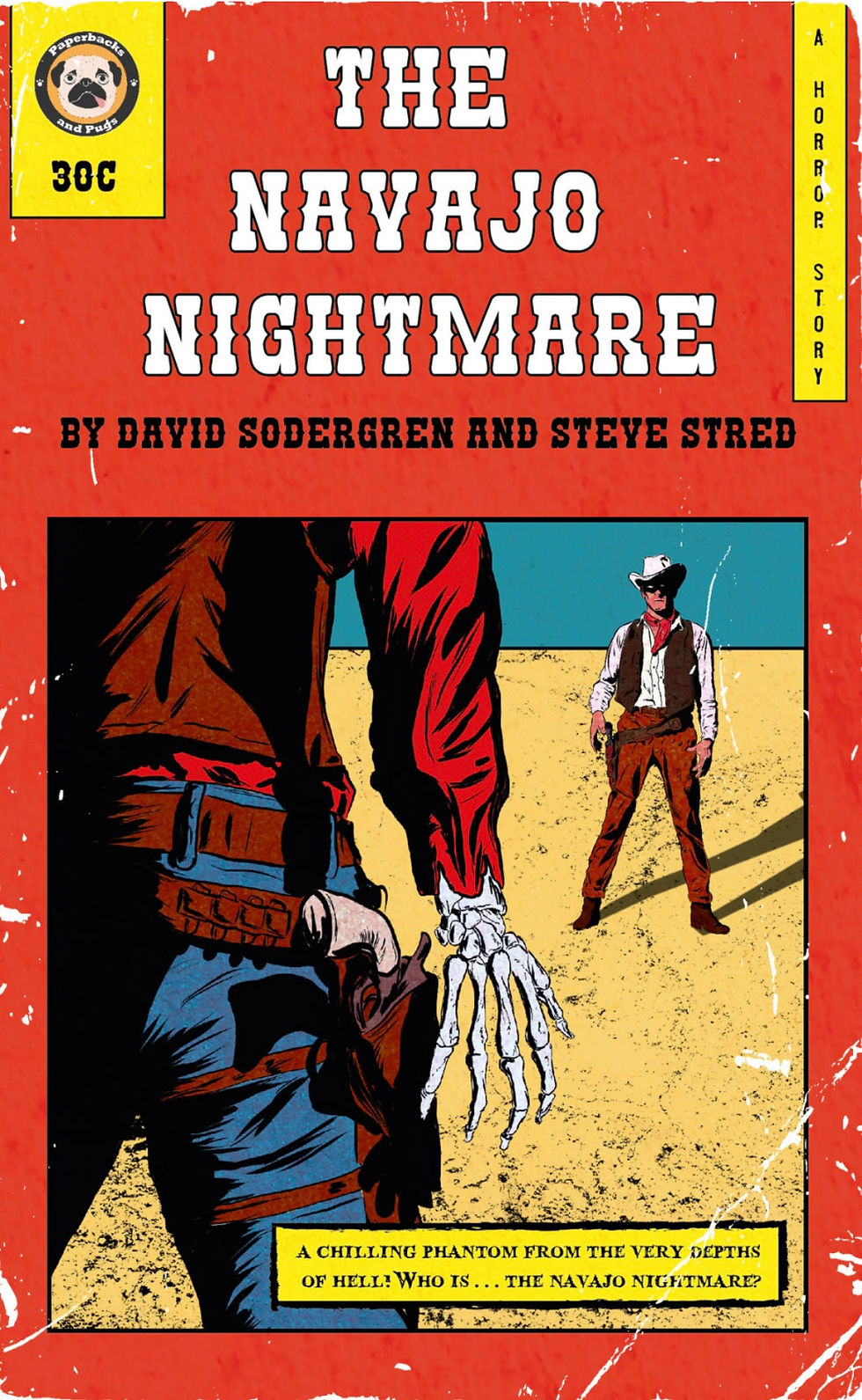 Old red cover with two cowboys. One has only bones for hands.