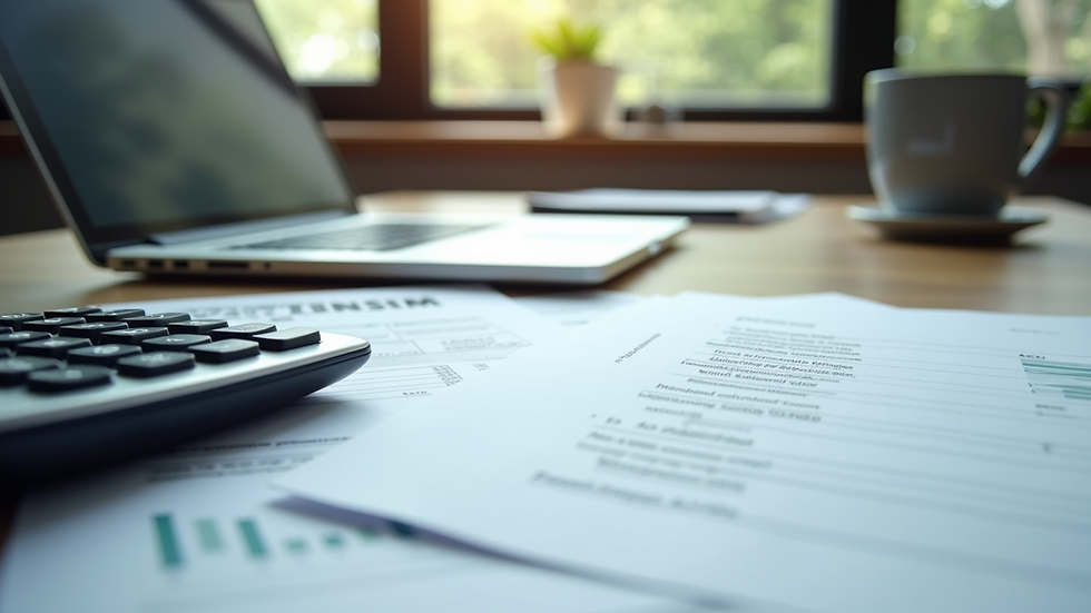 Eye-level view of a modern office desk with financial documents and calculator