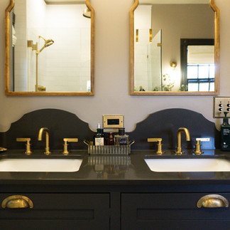 One Quartz - Concrete Gray vanity countertops with custom decorative splash