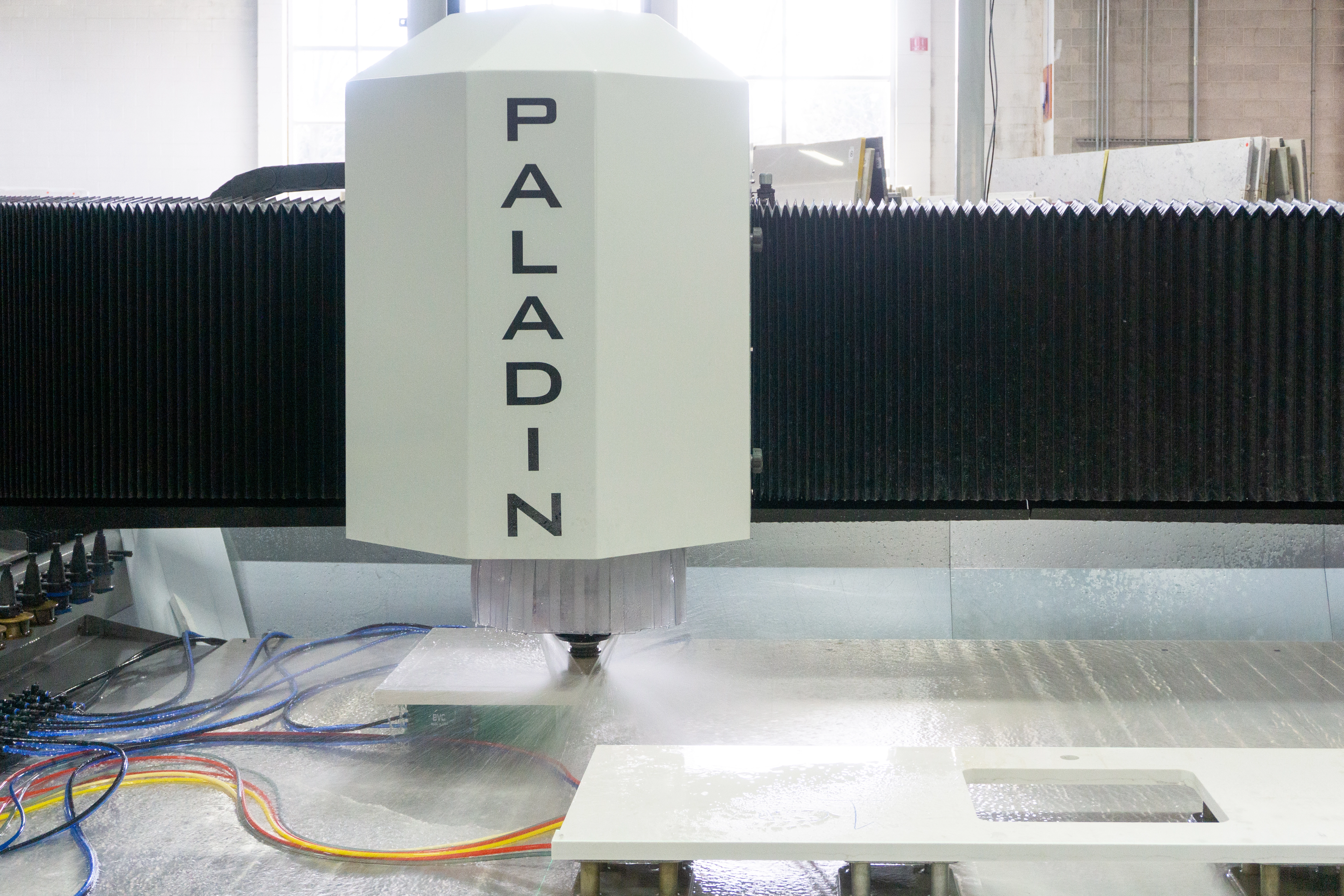 Paladin CNC stone mill performing precision cutting during stone fabrication workflow