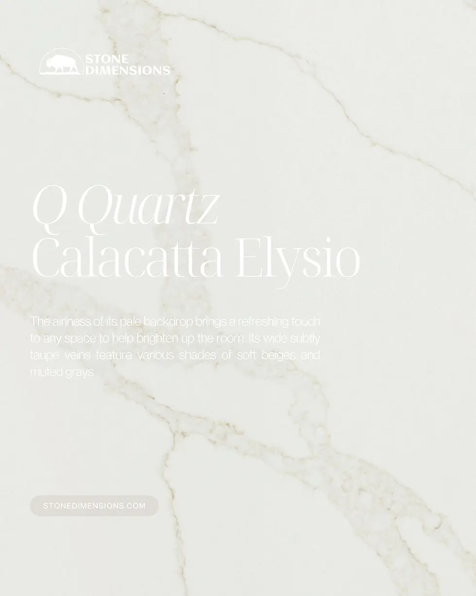 Q Quartz Calacatta Elysio quartz countertop featuring bold Calacatta style veining and a bright white base in a modern kitchen
