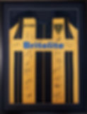 Framed yellow and navy striped sports jersey