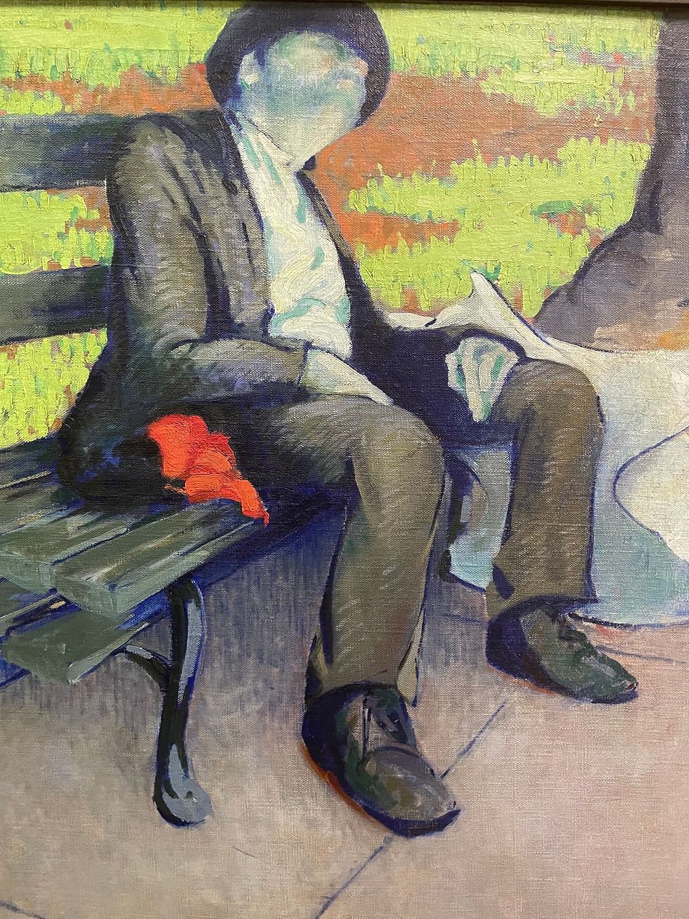 Late 19th Century Impressionist painting of a tired man seated on a park bench