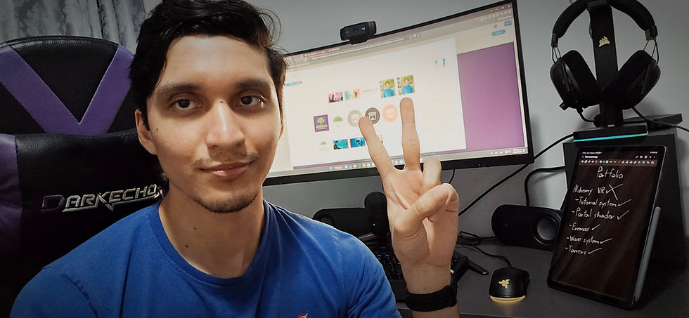 Eye-level view of a game development workspace with a colorful, creative ambiance