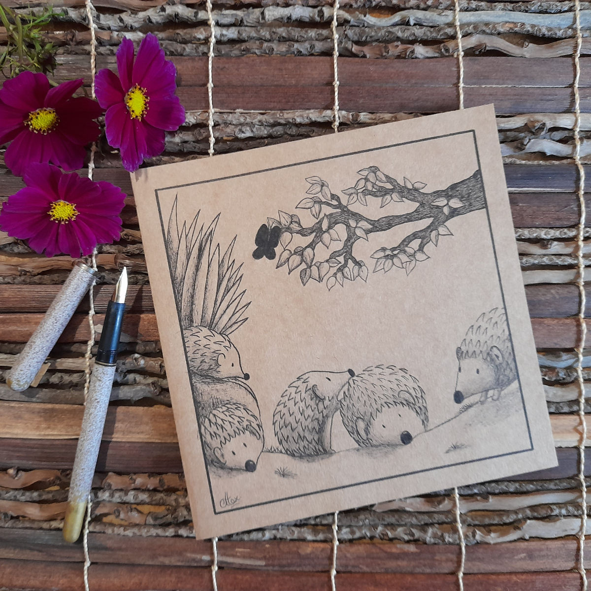 Carte Postale d'Art d'une famille de hérissons