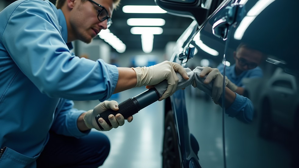 Eye-level view of a professional applying ceramic coating to a car door
